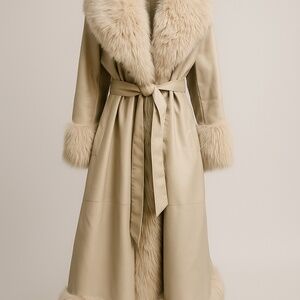 Faux Leather Shearling Fur Trim Longline Afghan Coat